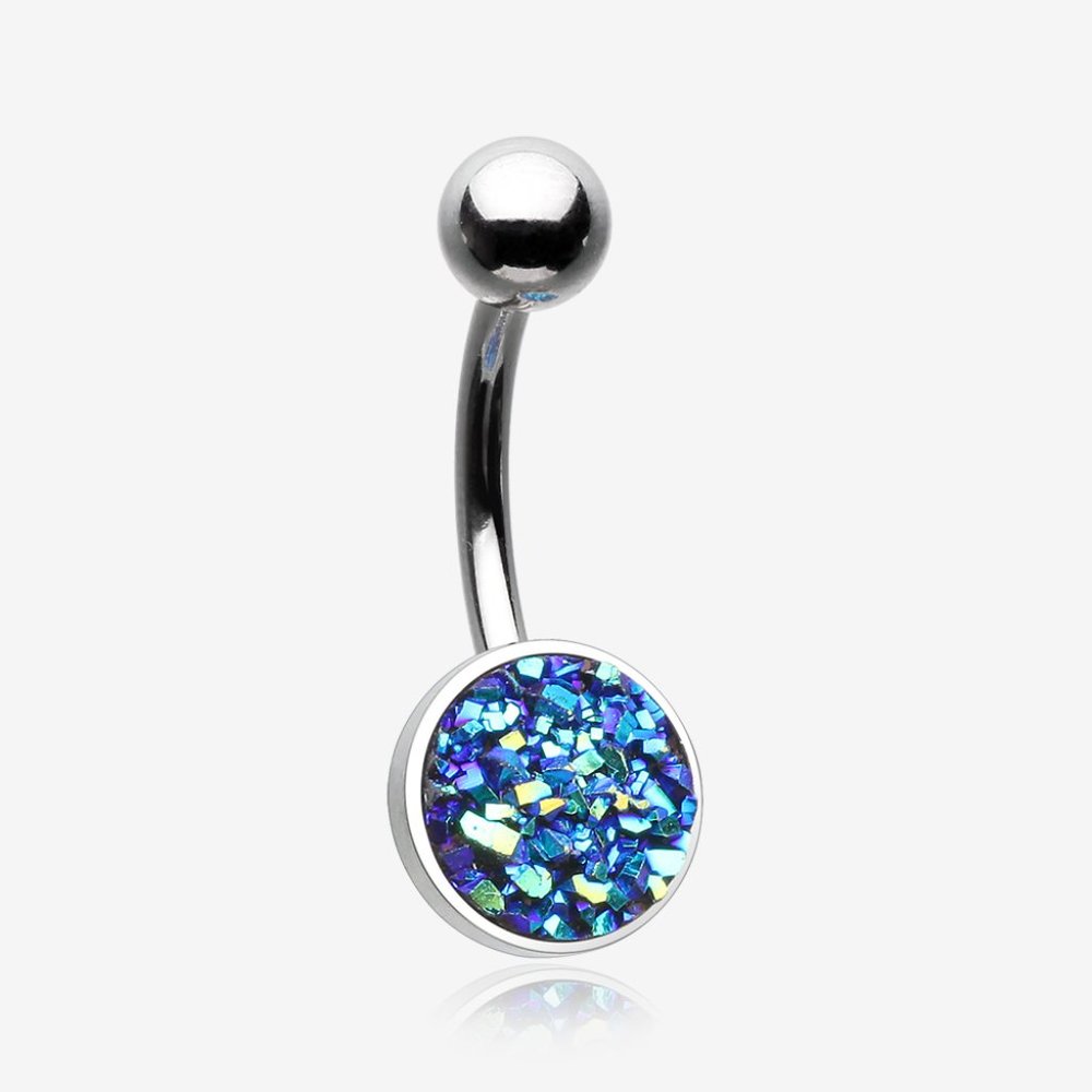 Iridescent Druzy Sparkle Steel Belly Button Ring - Blue